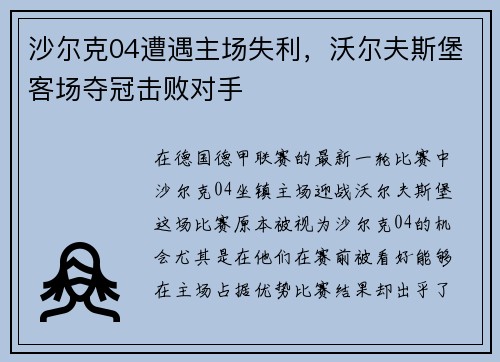 沙尔克04遭遇主场失利，沃尔夫斯堡客场夺冠击败对手